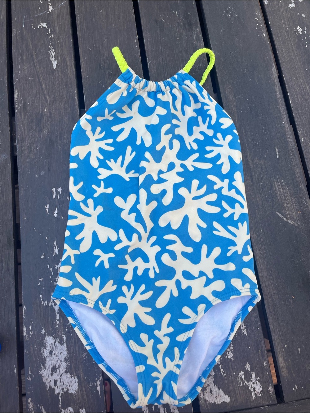Boden Blue & White Coral-Print One-Piece Swimsuit with Neon Yellow Straps